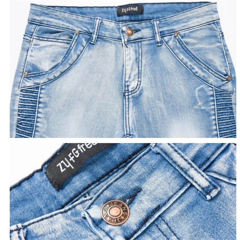 EH · MD® Stitching Jeans Men's Skin-tight Washed Slim-fit Three-dimensional Pleated High-elastic Solid Color Small Feet Black