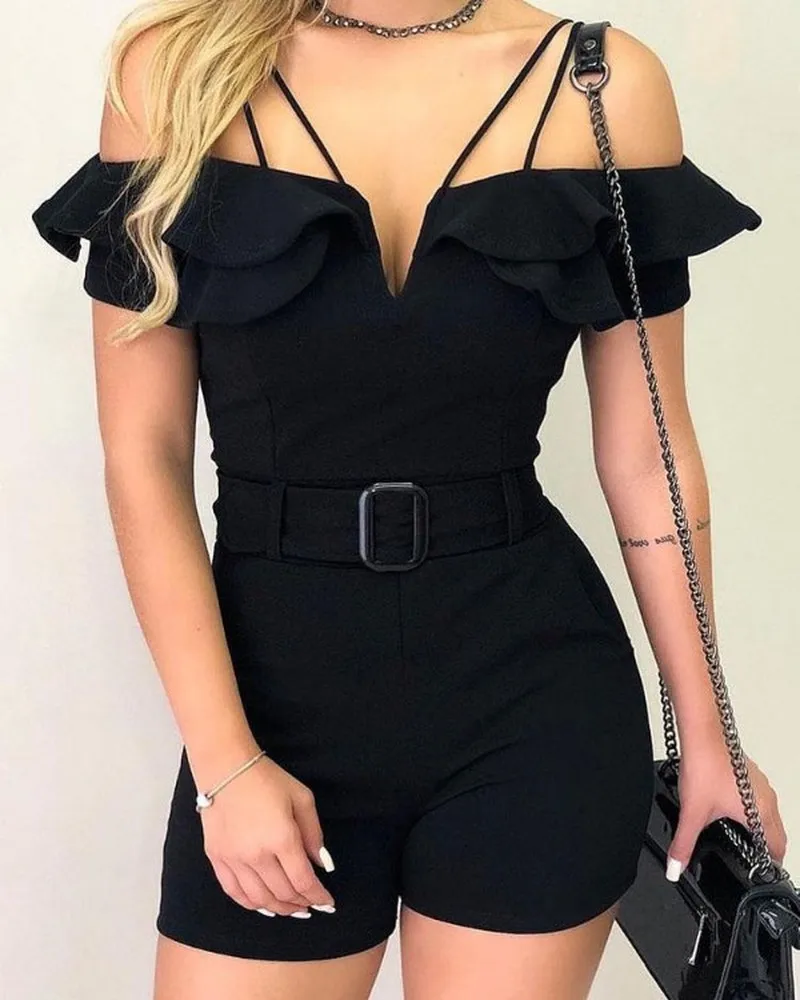 

2019 Layered Ruffles Cold Shoulder Belted Romper Playsuits Women Sexy Spaghetti Strap Casual One Piece Overalls