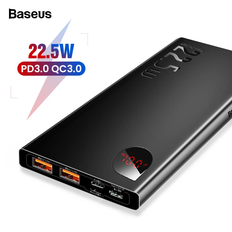 BEST QUALITY Baseus 5A SCP Power Bank Quick Charge 3.0 USB C PD 10000mAh Powerbank for iPhone Xiaomi Huawei Port