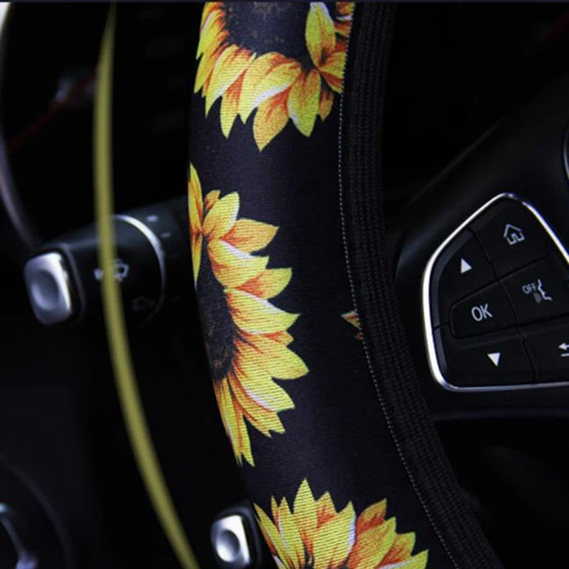 

Wear Resistant Easy Install Dustproof Anti Slip Steering Wheel Cover Sunflower Printed Snug Soft Car Decoration Universal