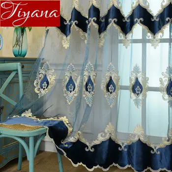

Velvet Embroidered Curtains Luxury Blue Panel for Living Room Sheer Fabrics Window Soild Cortinas Window Bedroom M021#40