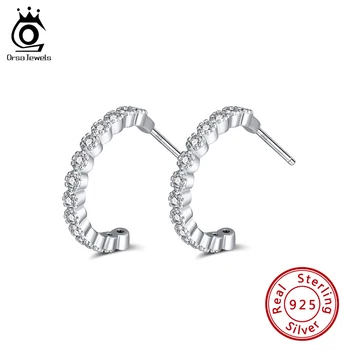 

ORSA JEWELS Authentic 925 Sterling Silver Half Round Stud Earrings AAAA Zircon Not Closed Lightweight Earrings Jewelry SE264