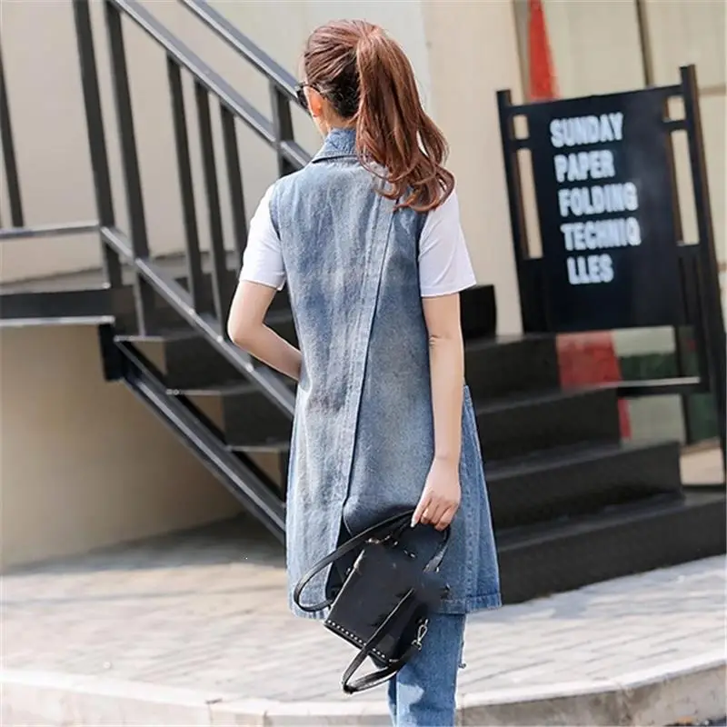 Women Spring Autumn V-Collar Sleeveless Denim Coat Patchwork Single Buttot Long Vest Vintage Turn-Down Collar Vest