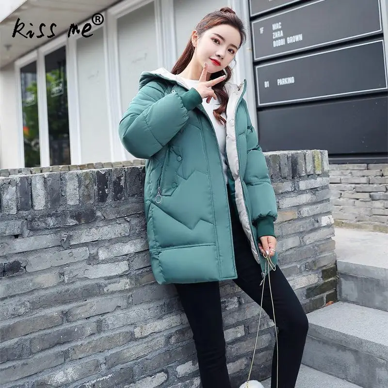 Loose Casual Winter Hooded Outdoor Down Coat Women Solid Cotton Clothing Thermal Warm Coat Windproof Mid-Long Jacket Female - Цвет: green