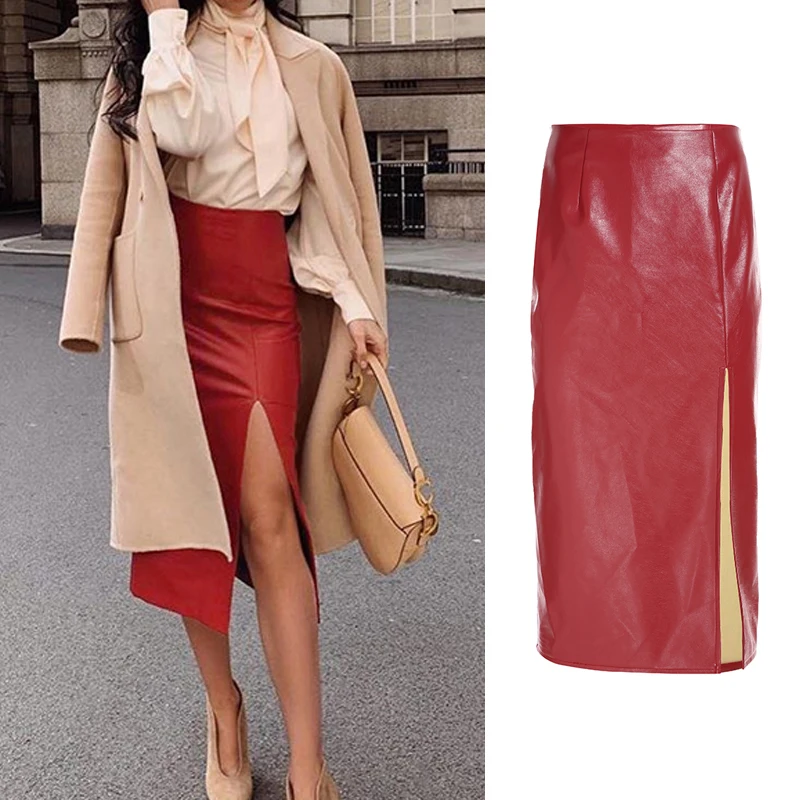 Женская пикантная юбка, весна-осень, красная элегантная длинная Офисная Женская юбка с разрезом спереди и поясом, однотонная рабочая одежда, юбки макси