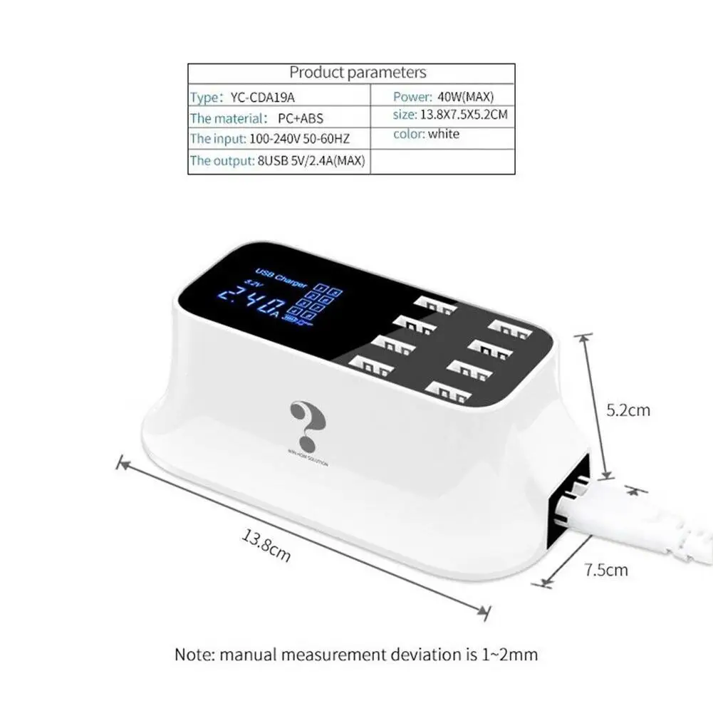 8 портов usb-хаб 5 в 40 Вт настольная быстрая зарядная станция Док-станция с напряжением ЖК-дисплей смарт-зарядное устройство адаптер usb-хаб UK/US/EU вилка