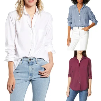 

Women In 2020 Casual Solid-colored Long-sleeved Shirt White Blue Burgundy Turn-down Collar Womens Tops Blouse
