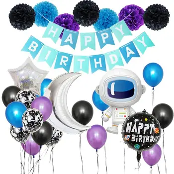 

28PCS Birthday Party Decoration Spaceman Birthday Party Balloons and Banner Set Creative Shape Bunting Decoration Set Party