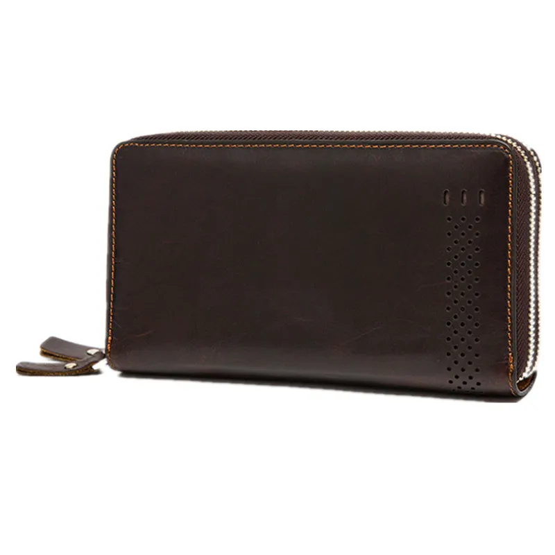 PNDME vintage high quality genuine leather men's clutch purse first layer cowhide long 2 zipper phone credit card holder wallet