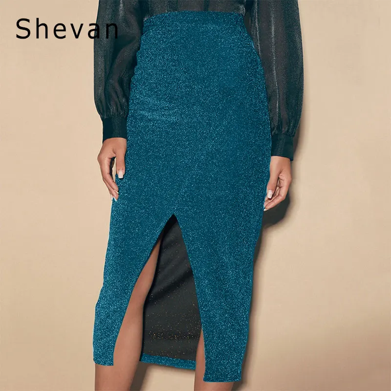 Shevan блестящая миди-юбка с высокой талией Осенняя Новая модная Клубная блестящая однотонная Сексуальная облегающая юбка-карандаш для женщин