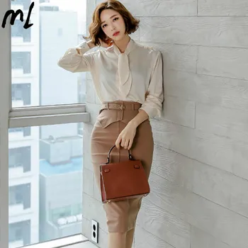 

Casual 2 Pieces Set Women Skirt Suit Spring Sexy OL Work Chiffon Lace Up Blouses Pencil Skirt Office Lady Elegant Short Suits
