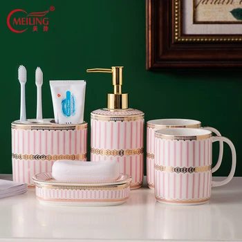 

Pink Ceramic Stripes Bathroom Set Home Accessories Toilet Storage Organizer Luxury Nordic Toothbrush Cup Holder Soap Dispenser