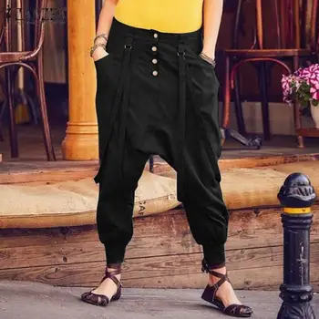 

ZANZEA Women Elastic Waist Drop-crop Harem Pants Female Casual Side Pockets Straps Trousers Long Pantalon Streetwear Sweatpants
