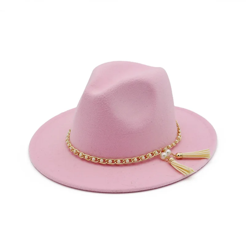 Autumn And Winter Solid color pearl brimmed hat Travel cap Fedoras jazz hat Panama hats for women and girl 54