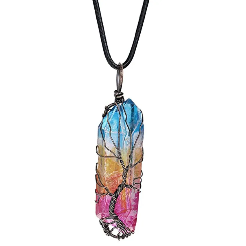 

FYSL Copper Wire Wrap Tree of Life Irregular Shape Crystal Dyed Colorful Pendant Link Chain Necklace Trendy Jewelry