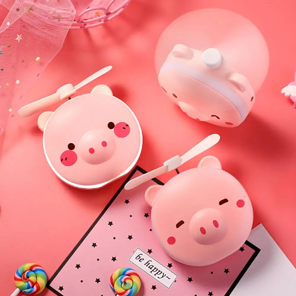 Mini Portable Cartoon Pig USB Rechargeable LED Fill Light Makeup Mirror Fan Mini Size USB Rechargeable Handheld