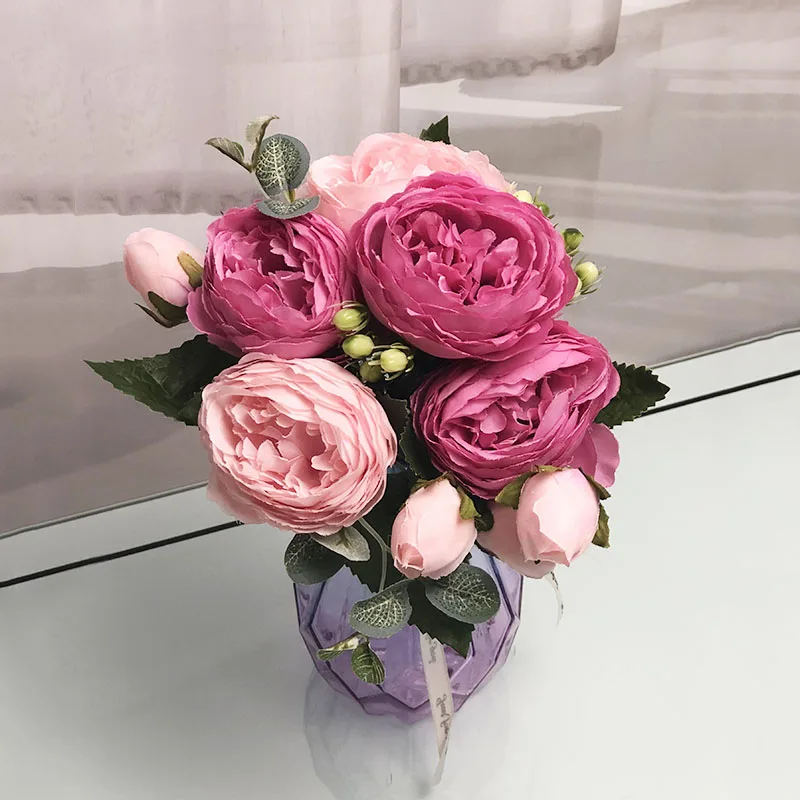 30 см шелковые пионы розовые Искусственные цветы букет 5 больших головок и 4 бутона дешевые искусственные цветы для дома Свадебные украшения для дома