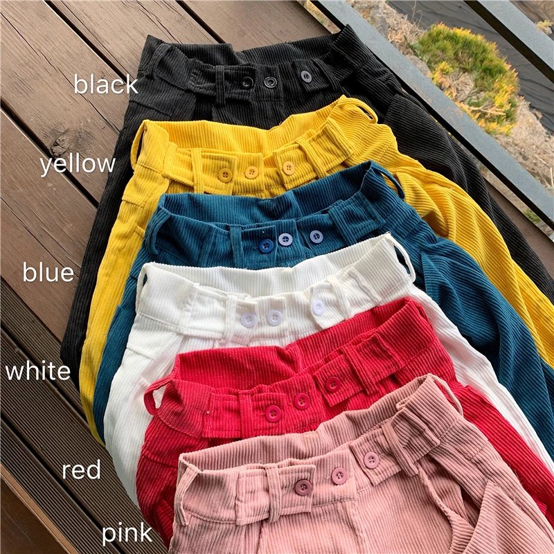 

HOUZHOU Summer Corduroy Pants Women 2020 New Knee Length Wide Leg Pants Korean Style Casual Loose Vintage High Waist Trousers