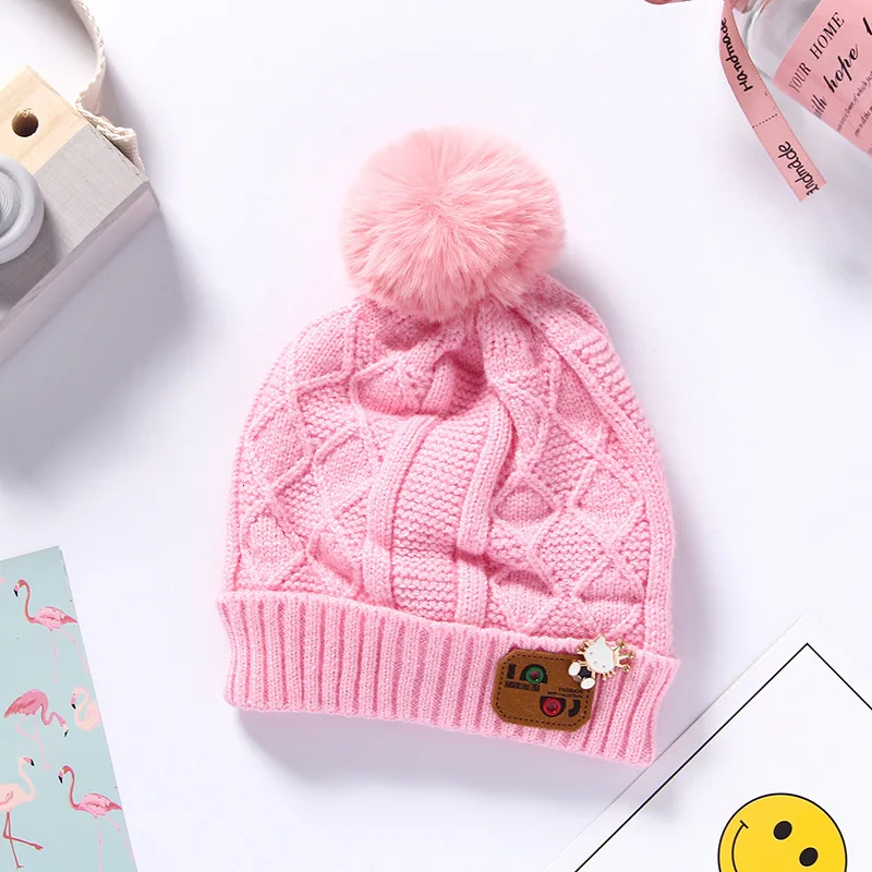 pink colour Зимняя шерстяная вязаная шапка с медвежьими ушками для маленьких детей; милая вязаная теплая шапка для маленьких мальчиков и девочек; шапочки - Цвет: pink colour