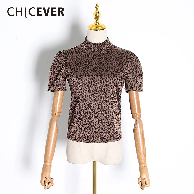 CHICEVER, повседневные леопардовые футболки для женщин, стоячий воротник, короткий рукав, с рюшами, тонкие футболки, женская одежда, мода, тренд