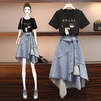 

Plus Size Women Print T-Shirt and Denim Skirt Two-piece Suit Casual Slim Summer Female Pearls Beaded Skirts Suit