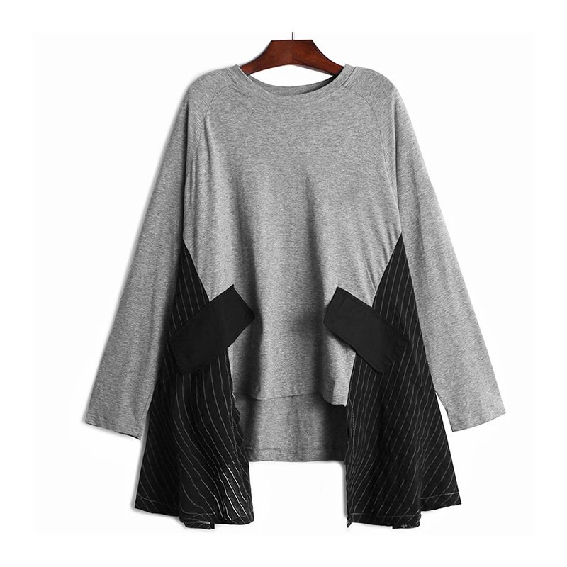 [EAM] Women Army Green Irregular Split Big Size T-shirt New Round Neck Long Sleeve  Fashion Tide  Spring Autumn 2020 1Z450