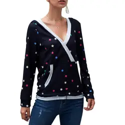 Женская рубашка с принтом звезды, блузка с v-образным вырезом, длинный рукав, женский свободный пуловер с капюшоном, распродажа QL