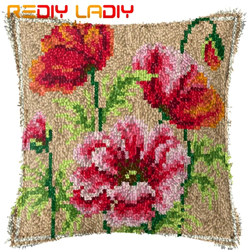Latch Hook Kit Make Your Own Cushion Pink Poppies Printed Canvas Crochet Pillow Case Latch Hook Cushion Front Hobby& Crafts