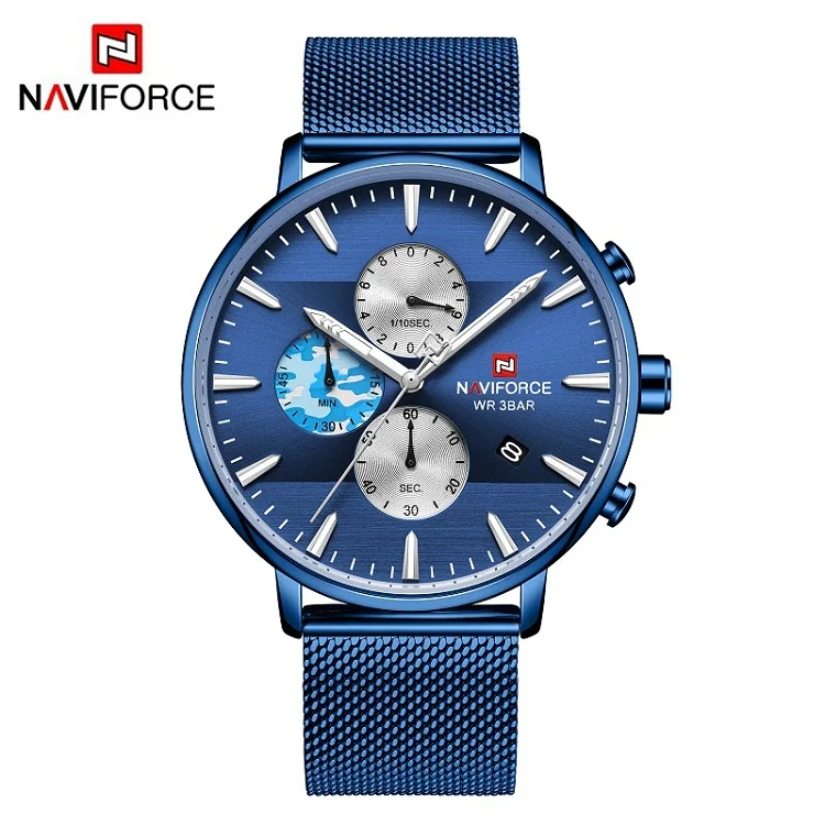 Blue NAVIFORCE Лидирующий бренд Роскошные мужские часы ультра тонкий хронограф дат наручные часы мужские сетчатый ремешок кварцевые часы в стиле кэжуал reloj hombre - Цвет: Blue