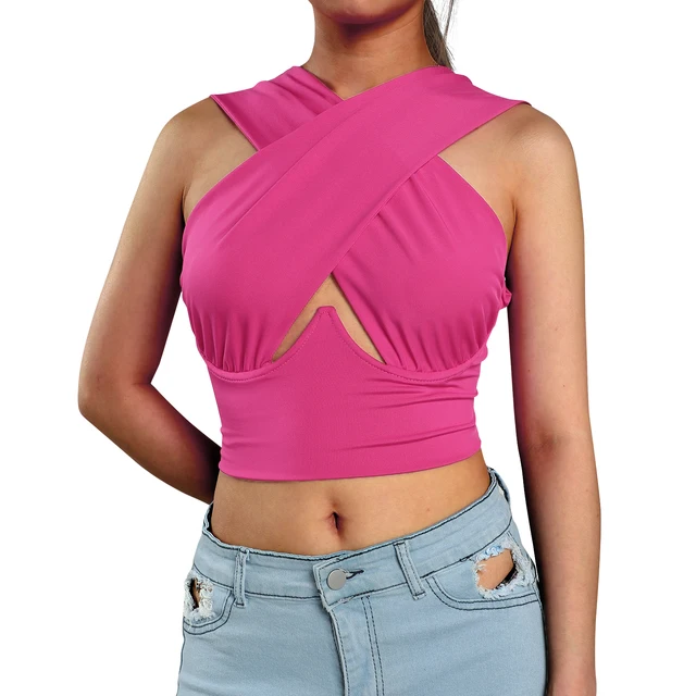 Women's Criss Cross Tank Tops Sexy Sleeveless Solid Color Cutout Front Crop Tops Party Club Streetwear Summer Lady Bustier Tops C