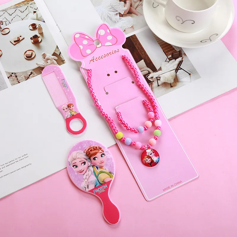 4pcs Disney princess cartoon Mirror comb+necklace bracelet Elsa Jewelry accessories children Frozen doll girl gift cosmetic toy