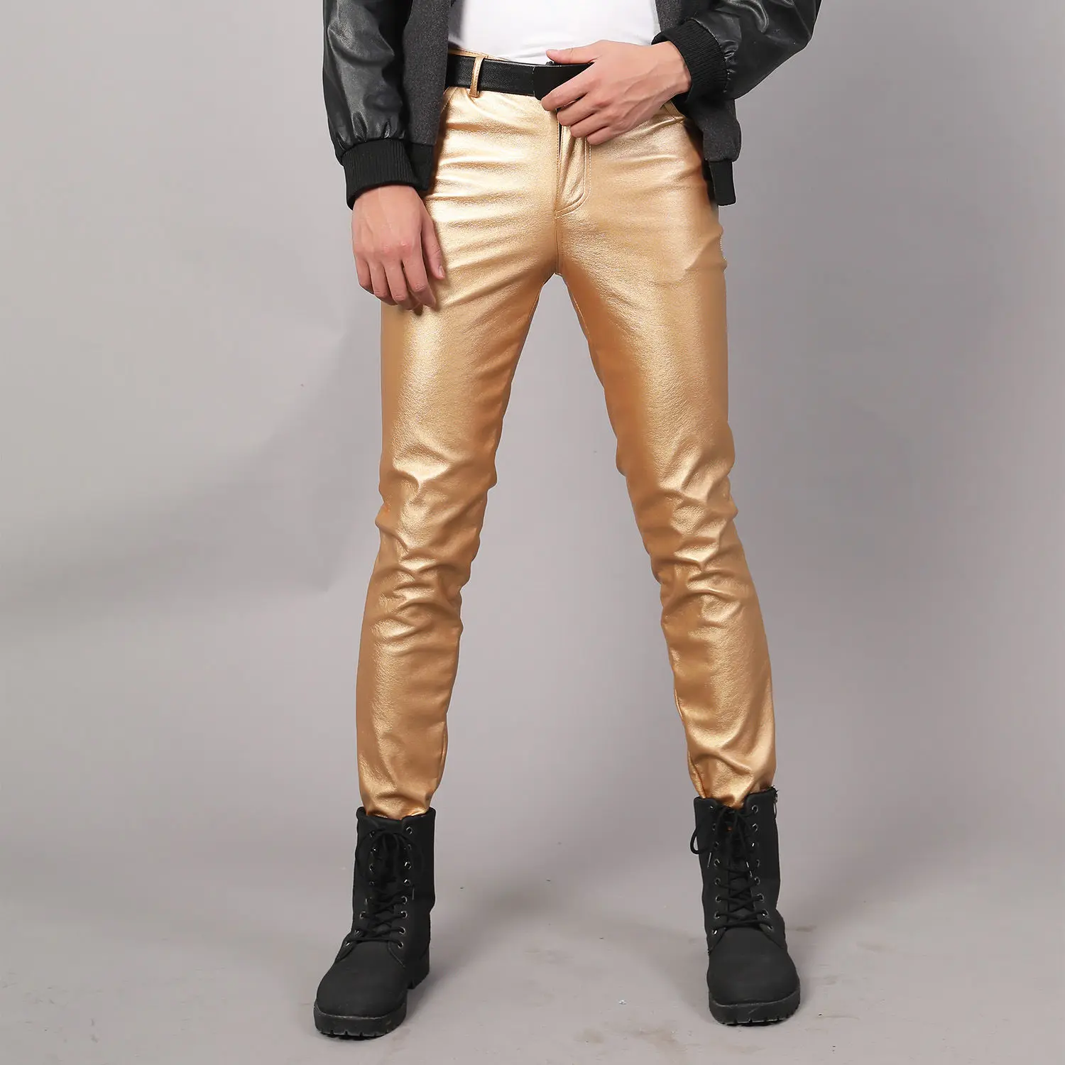 Men's Leather Pants Elastic Slim Fashion Waterproof White Dance Performance Bar Pencil Pants Moto & Biker Pu Men's Black