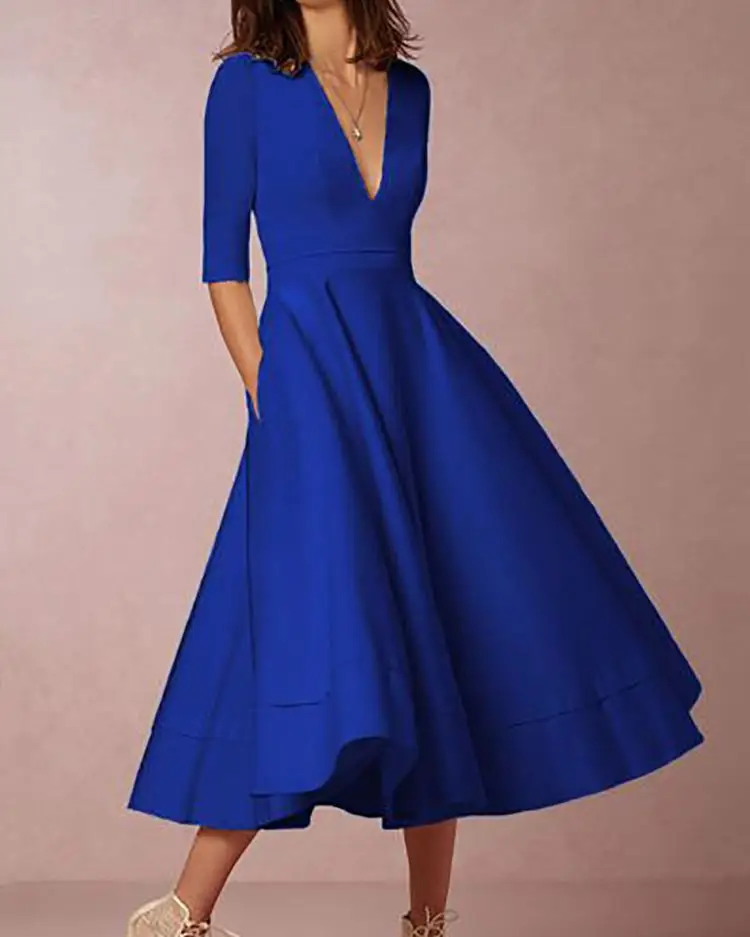 Стильное Плиссированное Платье макси с глубоким v-образным вырезом - Цвет: Синий