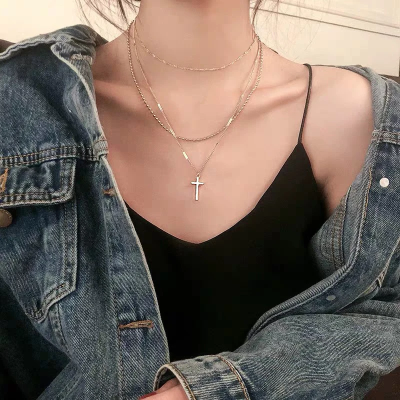 Simple Multi-layer Gold Cross Chain Pendant Necklace Exaggerate Punk Women’s Fashion Beads Choker Ladies Party Jewelry Girl Gift