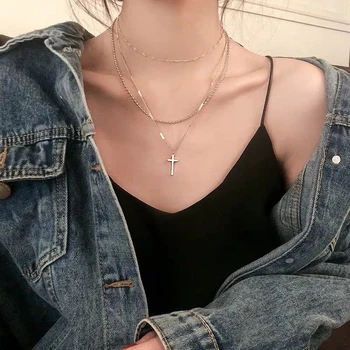 Simple Multi-layer Gold Cross Chain Pendant Necklace Exaggerate Punk Women’s Fashion Beads Choker Ladies Party Jewelry Girl Gift