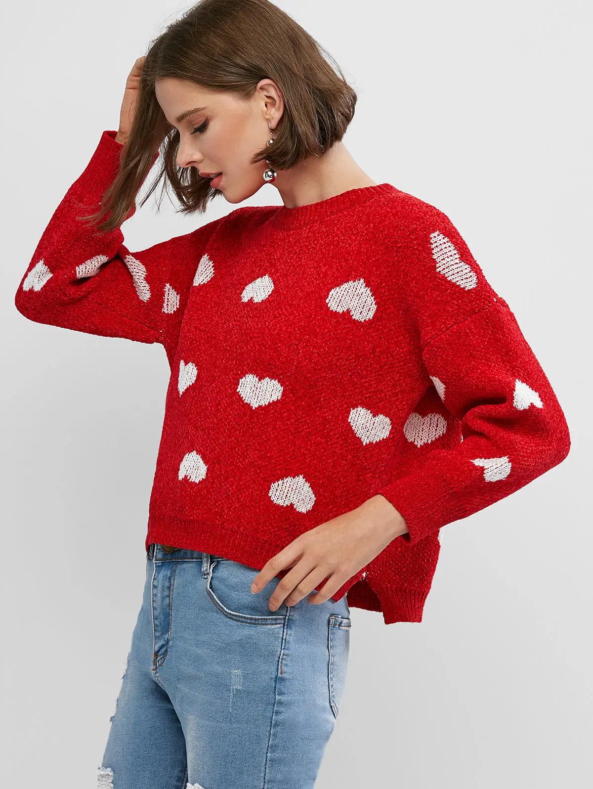 ZAFUL свитер с узором в виде сердца, эластичный свитер с заниженным плечом, Свитера на День святого Валентина, пуловер с вырезом лодочкой, рождественский джемпер, повседневный женский