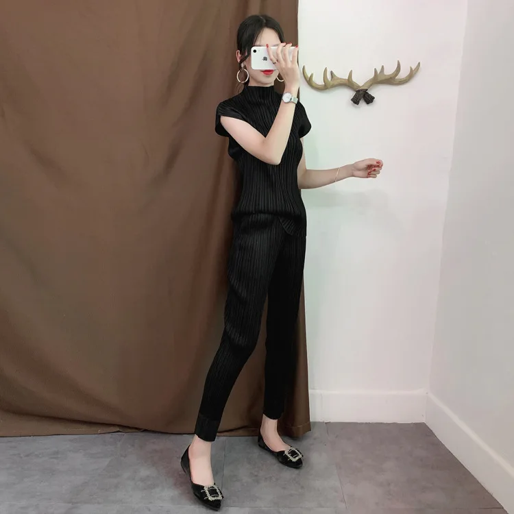 Miyake складывается прямые брюки осенние новые брюки ноги Сплит клинья девять брюки повседневные дикие ноги прямые брюки женские