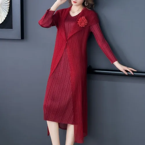 Свободное платье из двух частей в сеточку MIYAKE, женское осеннее платье, новинка, длинный рукав, большой размер, а-силуэт, длинные платья - Цвет: Бургундия