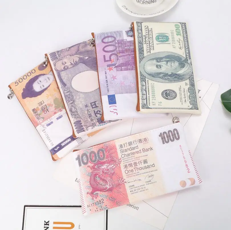 

New Currency Printing Pattern Long Wallet Canvas Coin Purse Zipper Wallet Storage Package Dollar GBP Euro Ruble Style Wallet
