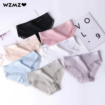 

Japan Style Women Sexy Lace Cotton Briefs Fashion Ribbed Letter Pattern Underwear Breathable Pants Seamless Mid-rise Panties