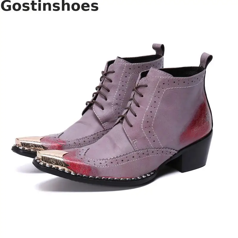 

Fashion Boots Men Genuine Leather Lace-up Ankle Boots Wing Tip Metal Capped Toe Cut-out Brogues Men Short Boots Metal Bordered