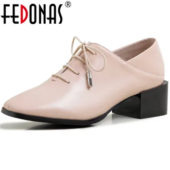 

FEDONAS Women Cow Leather Cross Tied Basic Shoes Casual Square Heels Pumps Concise Spring Summer Square Toe New 2020 Shoes Woman