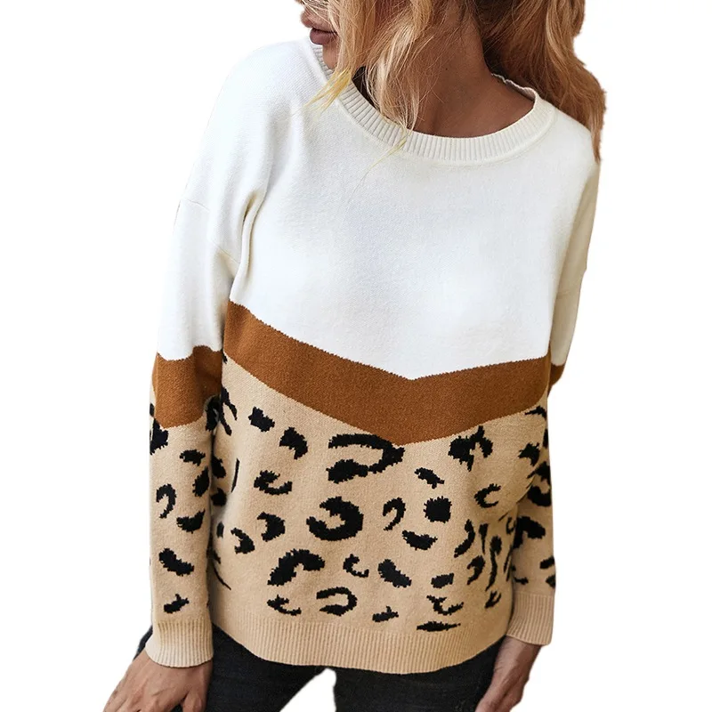 

Autumn Winter Women Leopard Print Sweater Colorblock Patchwork Loose Female Pullover Contrast O-Neck Casual Sweaters