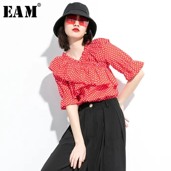 

[EAM] Women Dot Ruffles Split Temperament Blouse New V-collar Half Sleeve Loose Fit Shirt Fashion Tide Spring Summer 2020 1U015
