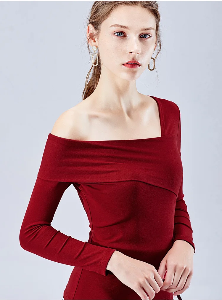 

Design sense slanted shoulder autumn women's wear long-sleeved trend niche heart t-shirt female free shipping