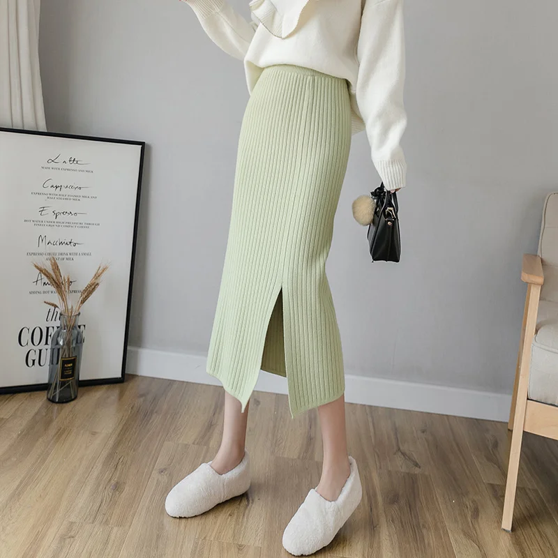 Свитер в Корейском стиле вязанная Разделение юбка с завышенной талией, эластичные мягкие полосатые Для женщин Разделение Длинная вязаная юбка осень-зима эстетическое Нижняя юбка
