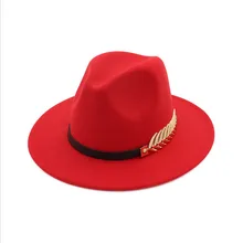 New Fashion Design Women Warm Winter Wool Metal leaf Belt Fedora Cap Wide Brim Cowboy Hat AD0779