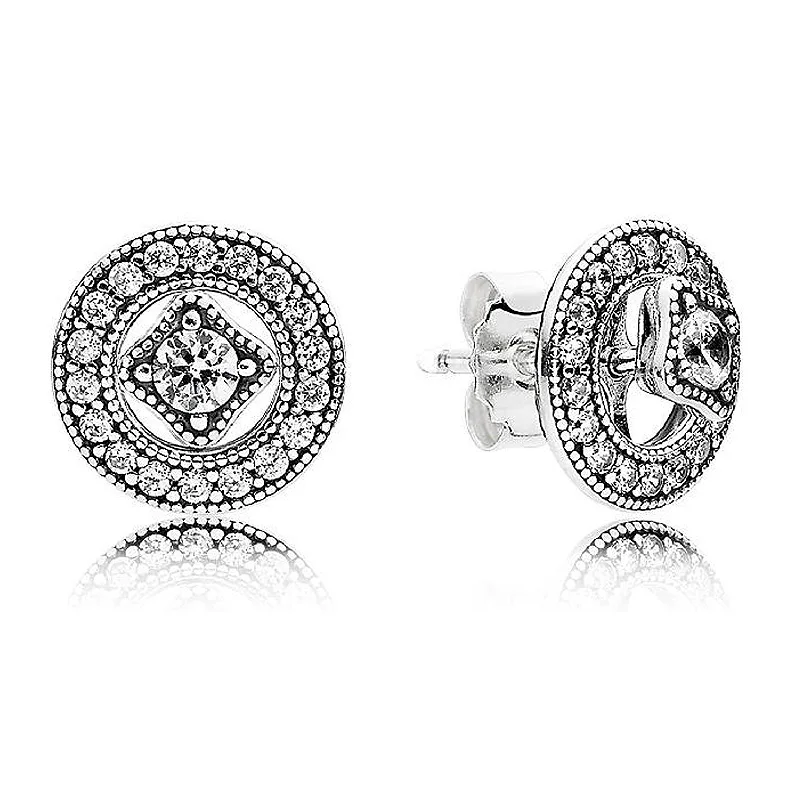 

Authentic 925 Sterling Silver Vintage Allure With Crystal Studs Earrings For Women Wedding Party fit Lady Fine Jewelry