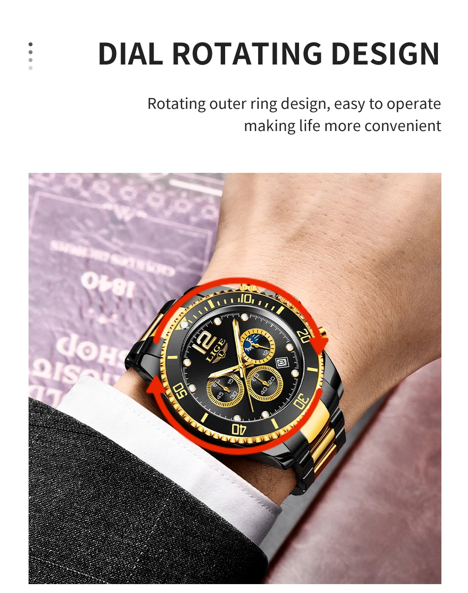 Orologio in oro nero di moda Orologio al quarzo impermeabile in acciaio inossidabile di lusso di marca superiore Orologio da polso cronografo sportivo da uomo Ma_voghion.com