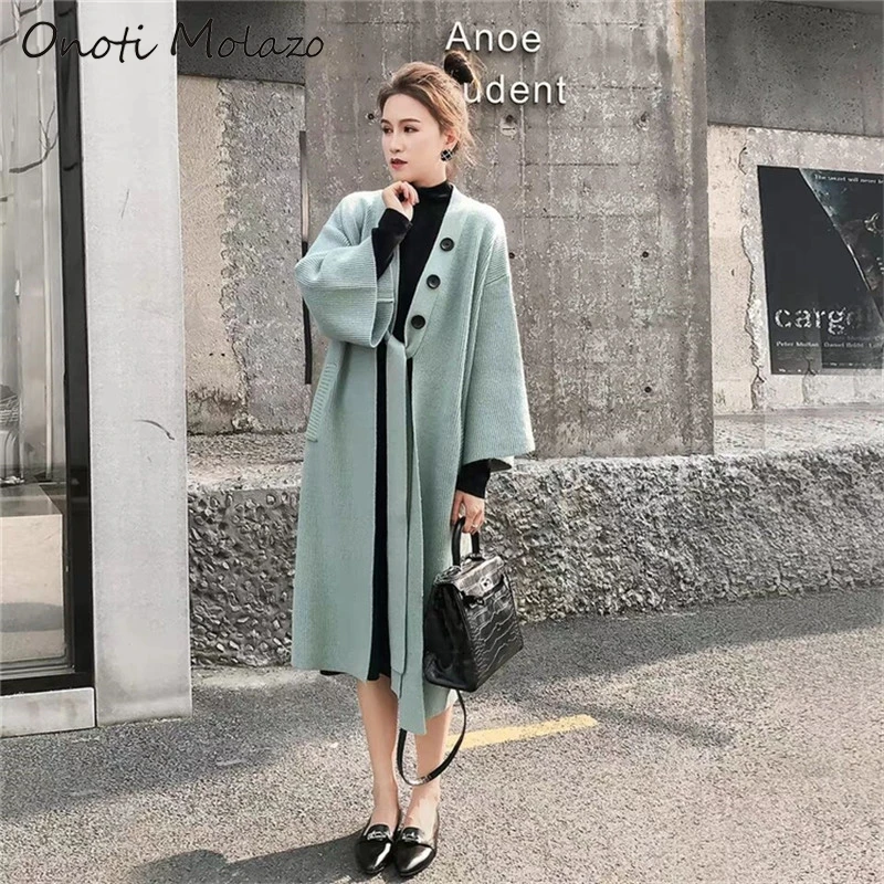 Onoti kimino cardigan buttons lantern sleeve pockets open stitch knitted sweater office ladies casual autumn winter outfit 2020